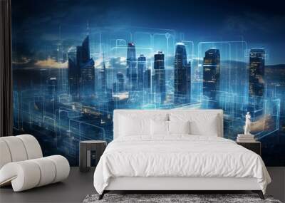 Virtual cityscape with blue intricate energy grids and digital financial data streams, portraying the synergy between technological progress, finance, and real estate ai generative Wall mural