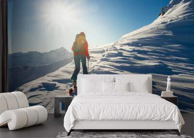 Girl makes ski mountaineering alone toward the mountain pass in a nice track with sealskin Wall mural