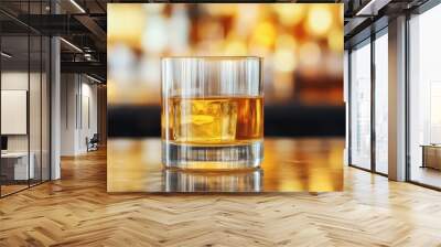 A close-up of a whiskey glass with ice, showcasing rich amber liquid on a blurred bar background. Wall mural