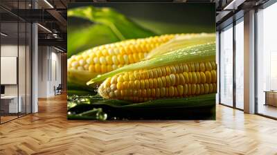 A close up of two ears of corn, still in the husks, with water droplets on the leaves Wall mural