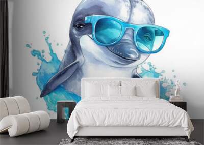 A Watercolor Painting of a Dolphin jumping with sunglasses Wall mural