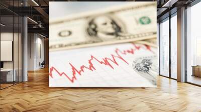 Close-up of dollar bills and a financial graph showing market trends and fluctuations for investment analysis. Wall mural