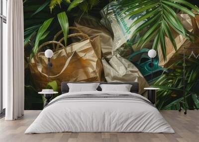 Environmental concept of paper bags discarded in lush foliage. Wall mural