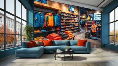 modern sportswear store interior with organized displays of vibrant athletic clothing and accessorie Wall mural