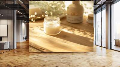 Natural Skincare Products, A jar of cream accompanied by natural skincare products bathed in soft sunlight. Wall mural