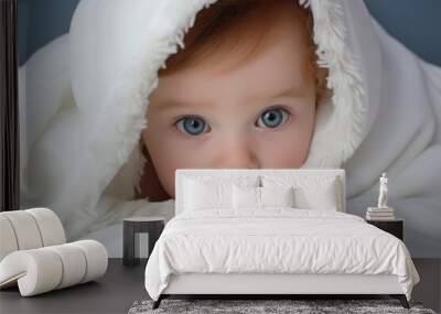 Portrait of a baby with blue eyes wrapped in a soft white blanket. Wall mural