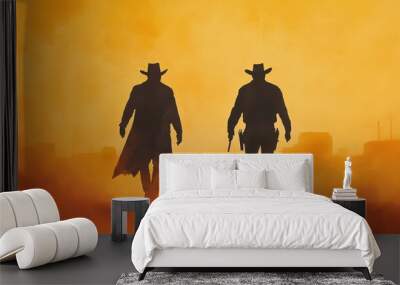 Two cowboys walk into a sunset, embodying the spirit of adventure and the wild west, surrounded by a golden, smoky backdrop. Wall mural