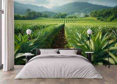 Vibrant pineapple plantation in a lush valley with mountain background. Wall mural