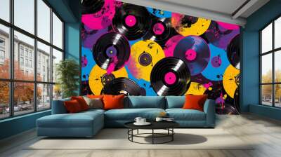 A vibrant pattern of vinyl records and paint splatters creates an energetic and colorful background, bright colors like pink, blue, yellow, purple and black Wall mural