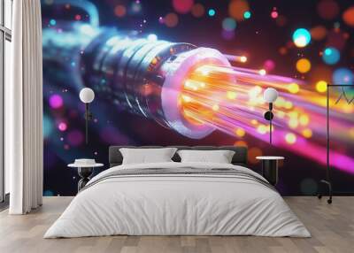 Close-up of an industrial optical fiber cable, vibrant light beams emanating from its core, fast data transfer between distant points in real-time Wall mural