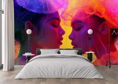 fashion portrait of two womans, bioluminescent clothing, umbrella jellyfish Wall mural