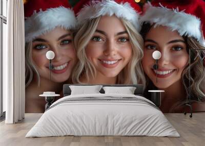 Group of happy, beautiful young adult women in matching Santa Claus uniforms and hats, standing close together and posing joyfully in front of a bold red backdrop Wall mural