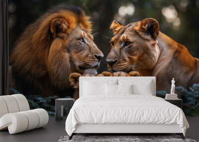 Lion couple containing an adult female and adult male and their 2 sweet cubs affectionate with their parents Wall mural