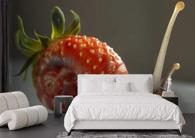 Realistic snail in the play of light and shadow, with its shell perfectly mimicking a ripe strawberry, featuring vibrant red color Wall mural