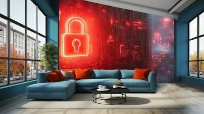 Security lock sign on buildings cyberpunk city, futuristic style, grainy Wall mural