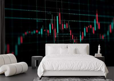 Stock market candlestick chart on a black background, with green and red candles and thick lines. The grid is dark blue, representing trading data for financial crisis charts or wallpaper Wall mural