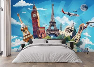 Travel, world landmarks on the background of blue sky Wall mural