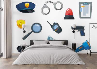 A set of police or sheriff items. Police Clipart - Cap, pistol, handcuffs, walkie-talkie, siren and more. Vector illustration of law enforcement items in a cartoon childish style. Isolated art Wall mural