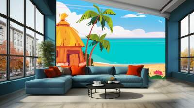 Bungalow on Maldives island with palm trees and tropical flowers, resort water villas vector banner. A hut by the ocean, summer. Thailand vacation. Hawaii resort. Template for text sky Wall mural