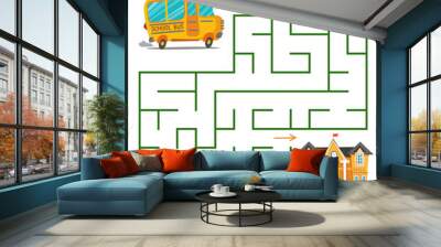 School yellow bus travels to the school building through the maze. A square labyrinth for children. Mini game for children s leisure. Development of logic. Vector illustration. Find the right path Wall mural