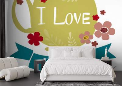 The inscription I love hygge on a mug with a drink, tea or coffee surrounded by flowers. Vector in children s style flat. Wall mural