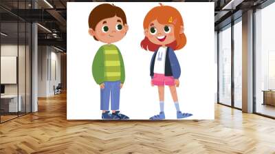 Two school children talking vector. Full-length characters. Boy and girl kids. Illustration funny clipart set Wall mural