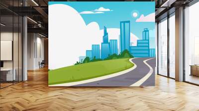 Vector of a winding road leading to a big city. Banner with empty place for text. High-rise buildings, business center. Cartoon style track. Isolated on white background fun clipart. Wall mural