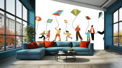 Happy people and children flying kite outdoors vector illustration Wall mural