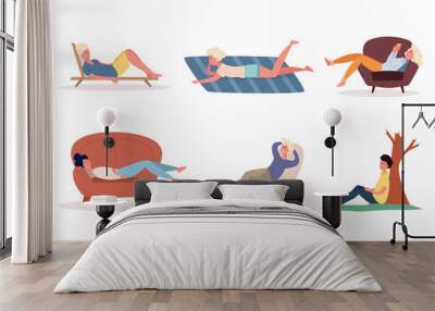 People enjoying rest in armchairs, sunbeds, on floor vector illustration Wall mural