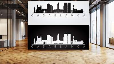 Casablanca skyline and landmarks silhouette, black and white design, vector illustration. Wall mural