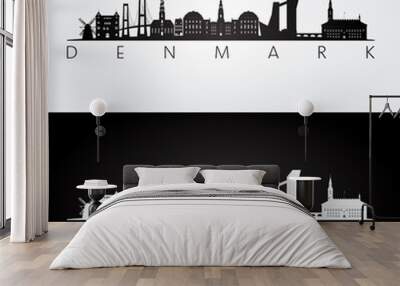 Denmark skyline and landmarks silhouette, black and white design, vector illustration. Wall mural