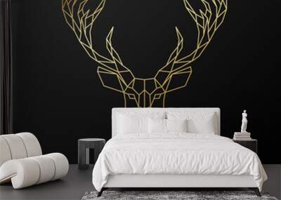 Golden Deer linear head. Geometric low poly reindeer. Head and horns. Wall mural