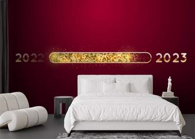 Loading Bar 2023. Happy New Year horizontal banner with bright shiny loading progress bar, golden glitter and sparkles. Expectation of the holiday. Wall mural