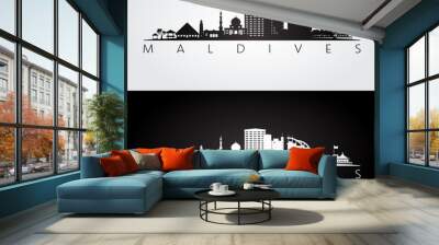 Maldives skyline and landmarks silhouette, black and white design, vector illustration. Wall mural