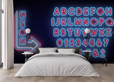 Neon glowing alphabet. Bright typeface. Set of neon letters and numbers. Alphabet on dark background. Wall mural