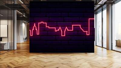 Red neon skyline of Cluj-Napoca. Bright Cluj-Napoca, Romania long banner. Vector illustration. Wall mural