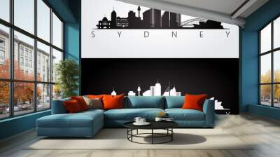 Sydney skyline and landmarks silhouette, black and white design. Wall mural