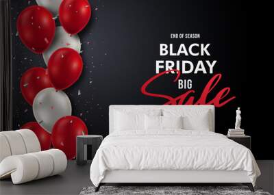 Vector banner with realistic red and white balloons and Sale inscription. Black Friday background. Wall mural