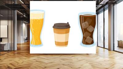 Cartoon drinks. Soft drinks, coffee, foamy beer, lemonade, soda pop and orange juice, tasty beverages flat vector illustration on white background Wall mural