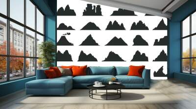 Cartoon mountains silhouettes, black outdoor landscape elements. Nature rocks, expedition or hiking mountain peaks mountain peak silhouette flat vector illustration. Mountain silhouettes collection Wall mural