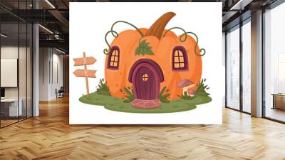 Cartoon pumpkin house. Fairytale cute cabin, Halloween fantasy little house flat vector illustration. Fall forest pumpkin house Wall mural