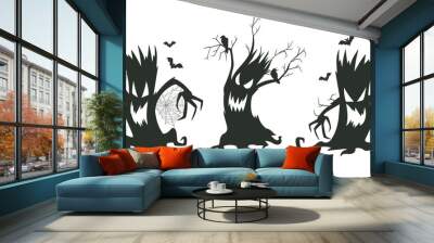 Cartoon spooky trees. Halloween creepy tree silhouettes flat vector illustration set. Horror halloween trees Wall mural