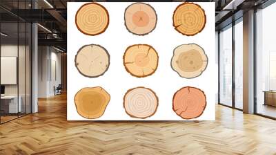 Cartoon tree trunk cuts, lumber wooden industry materials. Round pine, oak or birch slices, cutting tree trunk parts vector symbols illustration set. Wood lumber saw cuts Wall mural