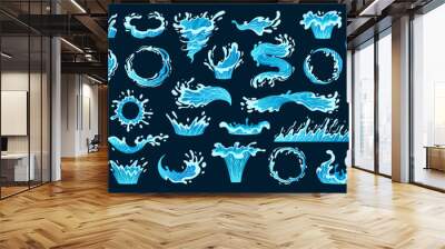 Cartoon water drop splash set. Blue liquid drops and water flows, transparent water splashes, clean drops frames flat vector illustration set. Water waves collection Wall mural