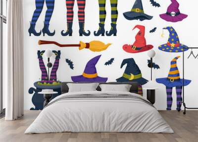 Cartoon witch stockings legs and hats, funny Halloween party elements. Magician wizard headwear and witch stockings legs vector symbols illustrations set. Halloween party collection Wall mural