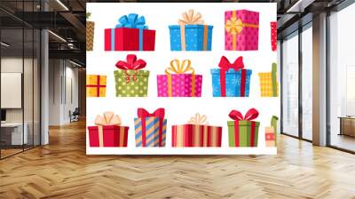 cartoon wrapped christmas gift boxes, xmas surprises, winter holidays presents. holiday greeting, bi Wall mural