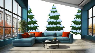 Christmas trees. Cartoon Xmas green fir trees covered with snow flat vector illustration. Winter Holiday elements collection Wall mural