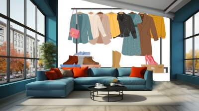 Clothes hanger rail. Cartoon casual garments and accessories, fashionable wardrobe clothing flat vector illustration. Modern apparel on cloth rack Wall mural