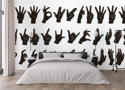 Gestures silhouettes. Human hands signs, okay, peace, heart, call position. Cartoon hand palms gestures flat vector illustration set. Hands signs silhouettes Wall mural