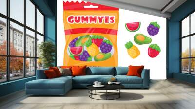 Gummies package. Cartoon fruit flavored jelly marmalade packaging, tasty sweets in plastic bag flat vector illustration. Chewy sweets pack Wall mural